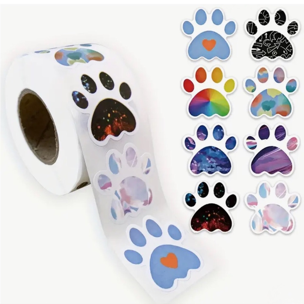 Roll of 500 Paw Print Self-Adhesive Shaped Holographic Paper Stickers